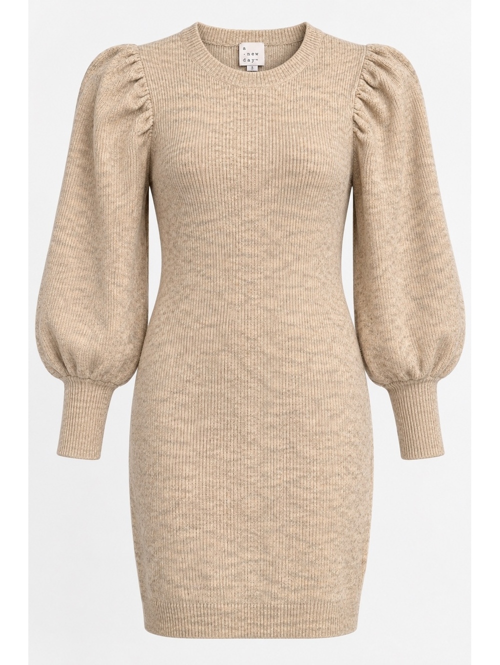 A New Day Sweater Dress Women S Beige Puff Balloon Sleeve Knit NWT